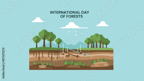 Celebrating International Day of Forests with a serene landscape illustration of a forest ecosystem