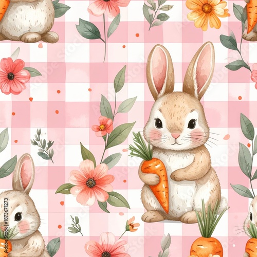 Easter Watercolor Seamless Pattern Flowers with Rabbit Holding Carrot