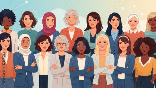 Diverse group of smiling women in business casual clothing standing together in unity