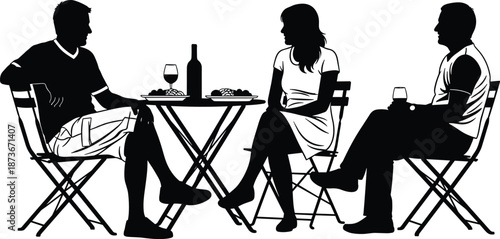 Friends sitting at outdoor cafe table enjoying wine and conversation, social gathering, relaxation, lifestyle, friendship, leisure time, dining, vector illustration