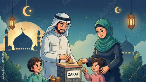 A muslim family donating zakat during ramadan with a mosque in the background at night
