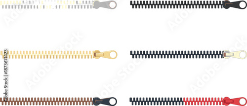 Set of six colorful vector zipper fasteners for clothing design, sewing tailor accessory, isolated on white background, fashion illustration collection