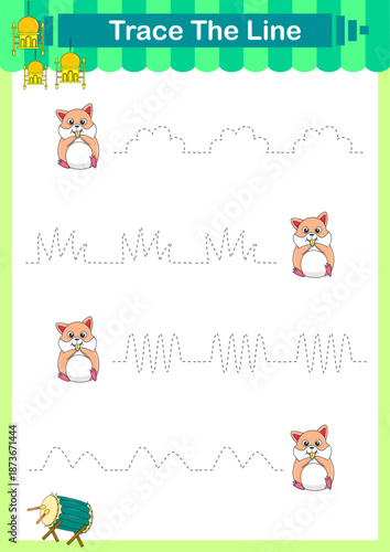 Trace line worksheets for children. Preschool handwriting practice with animals. Vector illustration