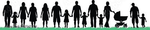 Large happy family silhouette walking together with children and stroller on grass, diversity generations concept for parenting, unity, and love