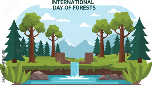 Serene forest landscape with trees and a tranquil river flowing through the terrain on International Day of Forests