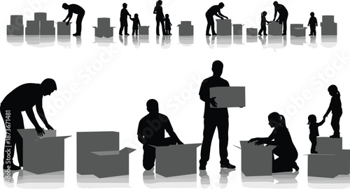 People packing boxes silhouette set showing family teamwork, moving house, organization, relocation, cooperation, storage, logistics, preparation, and home transition concept