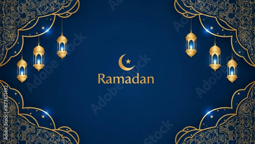Ramadan celebration background with hanging lanterns and crescent moon symbol