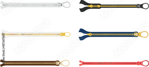 Set of six colorful vector zippers for clothing design, sewing fasteners isolated on white background, fashion accessory illustration collection icons