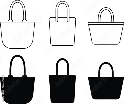 Set of tote bag icons including shopping handbag outlines and black silhouettes for fashion retail packaging and eco friendly lifestyle designs