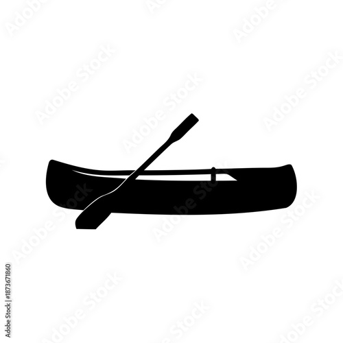 A simple black silhouette of a canoe with a paddle on top