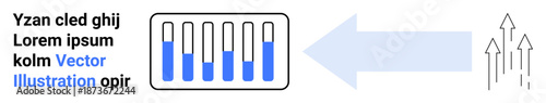 Loading bars partially filled with blue color alongside a large arrow pointing right and upward-trending arrows. Ideal for progress, growth, analytics, business, technology, performance, success, or