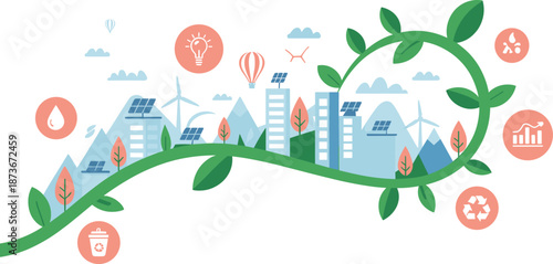 Sustainable Green Eco City Concept with Renewable Energy Wind Turbines Solar Panels Urban Infrastructure Recycling Icons and Environmental Conservation for Modern Society