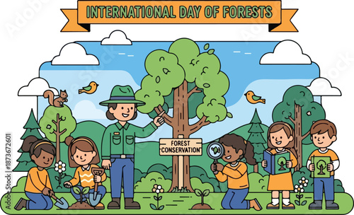 Group of people celebrating International Day of Forests in a lush forest environment with a park ranger