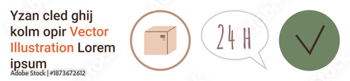 E-commerce, logistics, customer service, delivery time, communication, fulfillment. Box, speech bubble with 24 H green checkmark icons. Logistics and communication concept