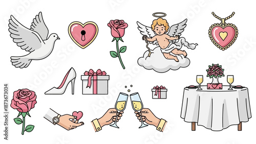 Romantic Valentine's Day Symbols: Love Heart, Dove, Rose, Cupid, Gift, and Champagne