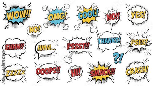 Comic Book Sound Effect Words and Speech Bubbles Set on White Background