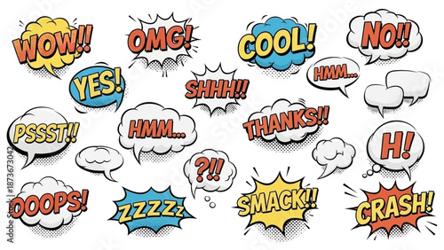 Collection of Comic Book Speech Bubbles with Exclamations and Onomatopoeia