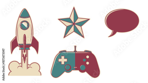 Retro Space Rocket, Star, Speech Bubble, and Game Controller Icons on White