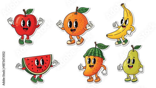 Set of Cartoon Fruits with Faces and Limbs, Vector Illustrations