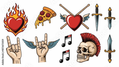 Collection of Rock and Roll, Punk, and Tattoo Style Icons with Flaming Heart and Skull