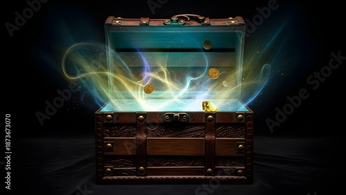 Mysterious Open Treasure Chest Emitting Magical Light in Darkness.