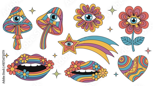Psychedelic 1970s Style Illustrations: Mushrooms, Eyes, Flowers, and Lips