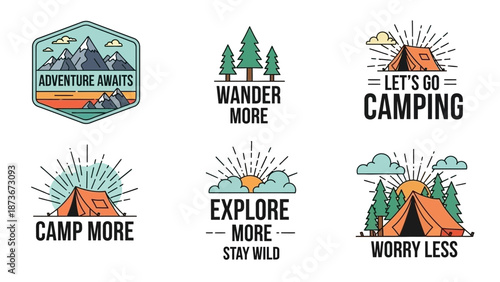 Outdoor Adventure and Camping Badges with Mountains, Tents, and Trees - Vector Graphics