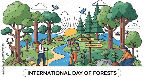 Celebrating International Day of Forests with a serene landscape illustration featuring people, trees, and a winding river