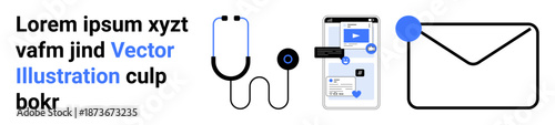 Telemedicine, online communication, healthcare innovation, technology, professional services, remote consultation. A stethoscope, smartphone and email icon connected visually. Telemedicine
