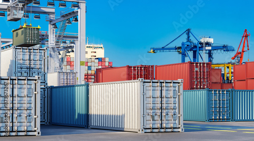 Billede på lærred Port logistics, container terminal loads and stores cargo as cranes move shipping containers for global freight and supply chain operations