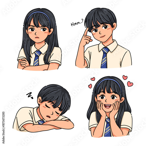 Cartoon Student Sticker Set Showing Daily School Emotions