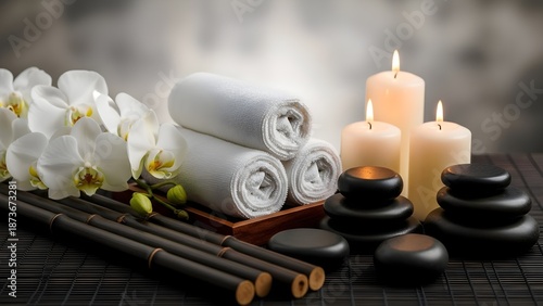 Serene Spa Setting with White Orchids, Rolled Towels, Candles, and Hot Stones.