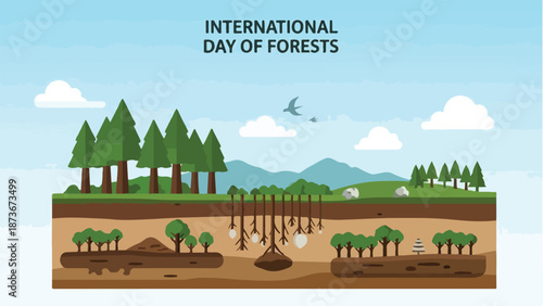 Illustration of International Day of Forests Celebrated with Forest Layers and Wildlife