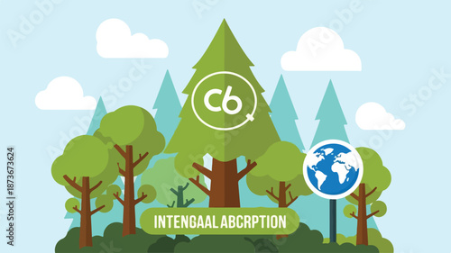 Carbon absorption illustration featuring trees and earth in a serene landscape