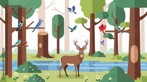 A majestic deer stands by a serene river surrounded by trees and birds in a vibrant forest landscape