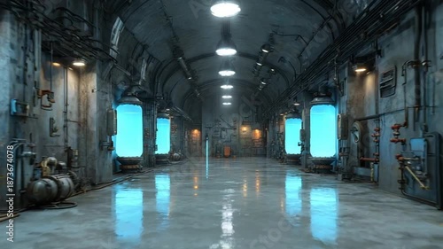 Futuristic laboratory with glowing tanks and reflections