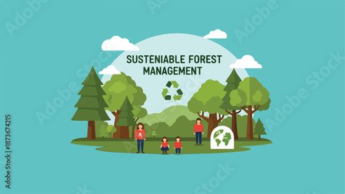 Sustainable forest management illustration showing people working together in harmony with nature