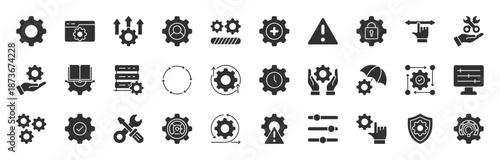 Settings glyph style icon set collection. Containing options, configuration, preferences, panel, equalizer, management, optimization and more icons. Vector illustration. editable stroke