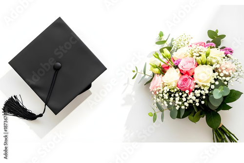 Graduation cap beside bouquet of flowers