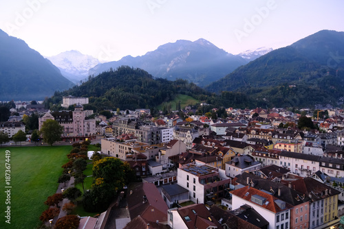 High-angle view of Interlaken town at dawn with the Swiss Alps and Jungfrau peak
