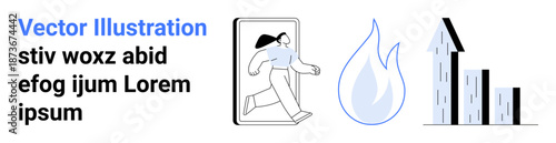 Technology, innovation, analytics, creative growth, teamwork, digital concepts. Person stepping out of a device, flame icon bar chart structure. Technology and innovation visualization