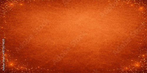 Vintage brown leather and aged paper texture create an abstract grunge background with rough orange paint splatters and blank surface space for design