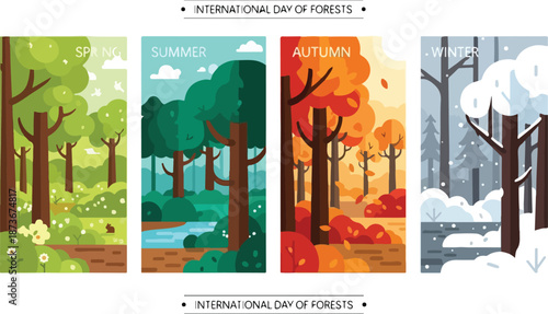 Vibrant forest scenes illustrating the four seasons in a stylized graphic representation