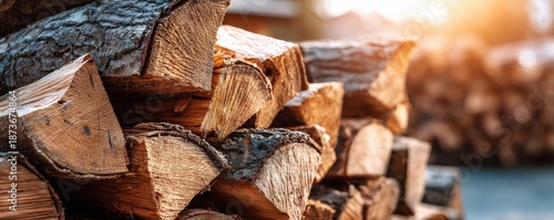 A close-up view of neatly stacked firewood, showcasing the textures and colors of the wood in warm sunlight.