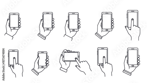 Hands holding mobile phones in various gestures and orientations.