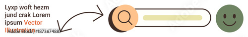 Online search, web navigation, user success, information retrieval, digital tools, internet usage. Magnifying glass and search bar leading to a happy face. Online search and user success concept