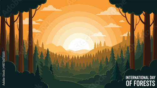 A serene forest landscape at sunset viewed from a distant hill