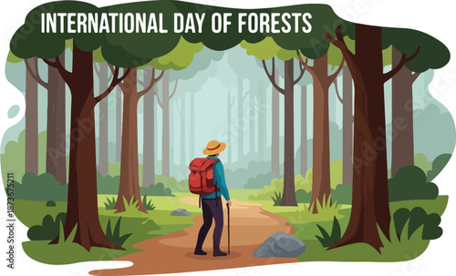 A hiker with a backpack walks along a forest path surrounded by tall trees on a serene day