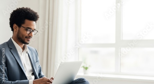 Confident African American man working on laptop in a bright modern home office.