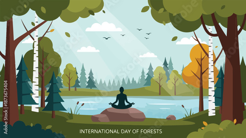 A serene person meditating on a rock by a peaceful lake surrounded by vibrant trees and lush forest